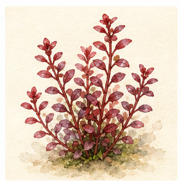 Akvarellillustration av Ludwigia palustris 'Super Red' som akvarieväxt.