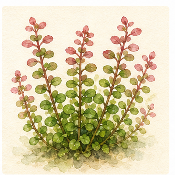 Akvarellillustration av Rotala rotundifolia som akvarieväxt.