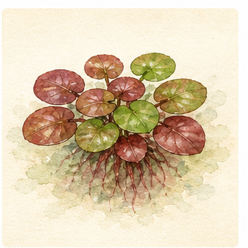Akvarellillustration av Phyllanthus fluitans som akvarieväxt.