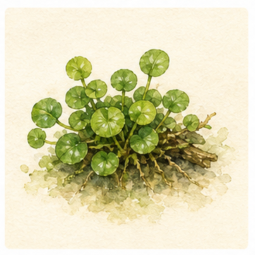 Akvarellillustration av Anubias barteri 'Mini Coin' som akvarieväxt.