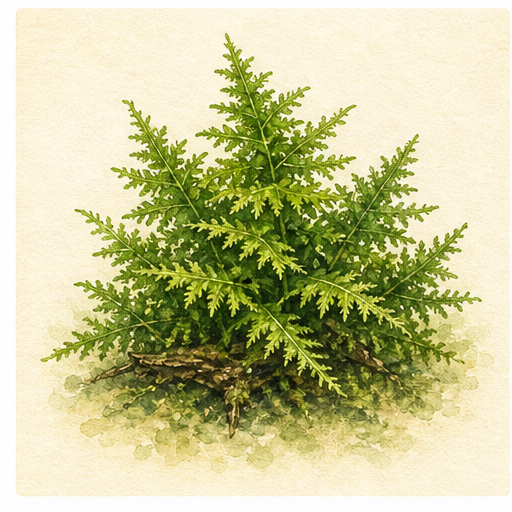 Akvarellillustration av Vesicularia montagnei 'Christmas Moss' som akvarieväxt.