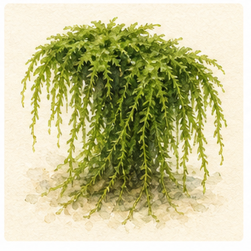 Akvarellillustration av Vesicularia ferriei 'Weeping Moss' som akvarieväxt.