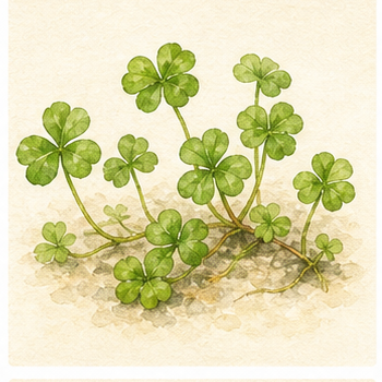 Akvarellillustration av Hydrocotyle tripartita som akvarieväxt.