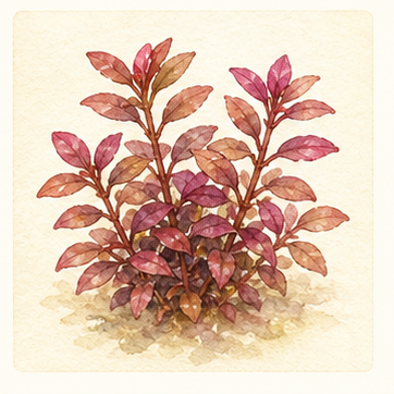 Akvarellillustration av Alternanthera reineckii 'Mini' som akvarieväxt.