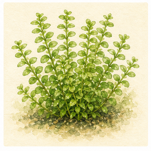Akvarellillustration av Rotala rotundifolia 'Green' som akvarieväxt.