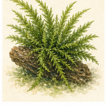 Akvarellillustration av Fissidens fontanus som akvarieväxt.
