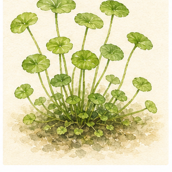 Akvarellillustration av Hydrocotyle verticillata som akvarieväxt.