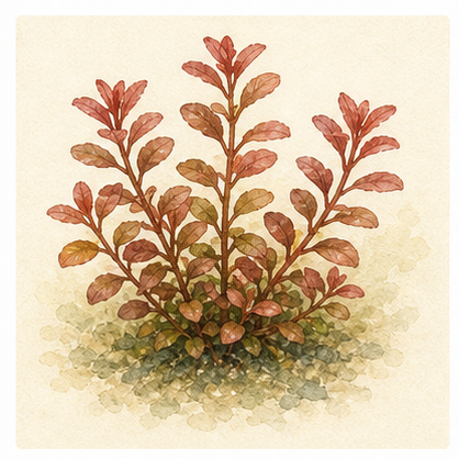 Akvarellillustration av Ammannia crassicaulis som akvarieväxt.