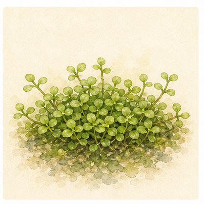 Akvarellillustration av Glossostigma elatinoides som akvarieväxt.