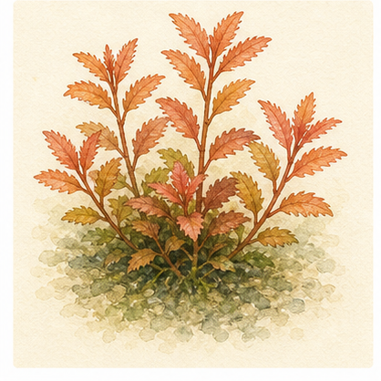 Akvarellillustration av Proserpinaca palustris 'Cuba' som akvarieväxt.