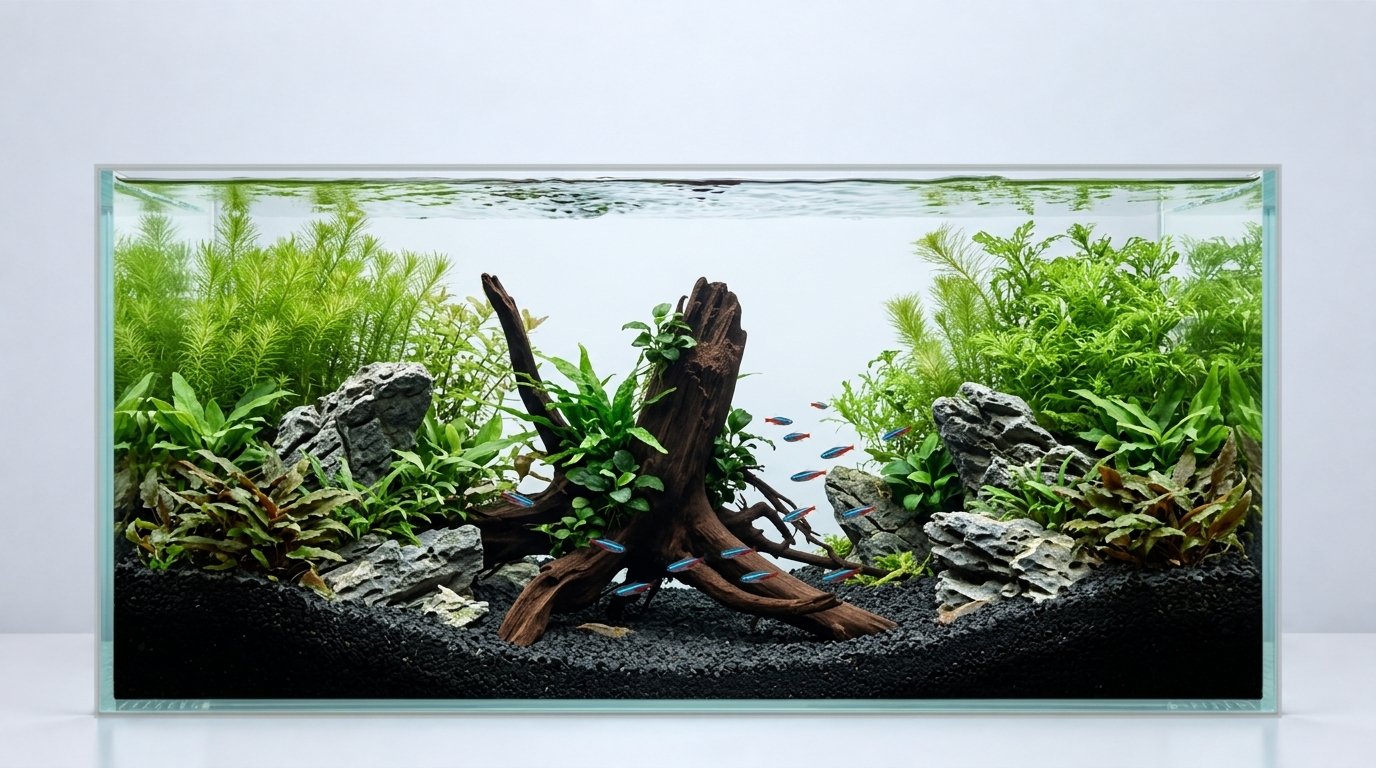 AI-inspiratie. Aquarium: 90 × 45 × 45 cm (breedte × diepte × hoogte). Wortels: P102620.