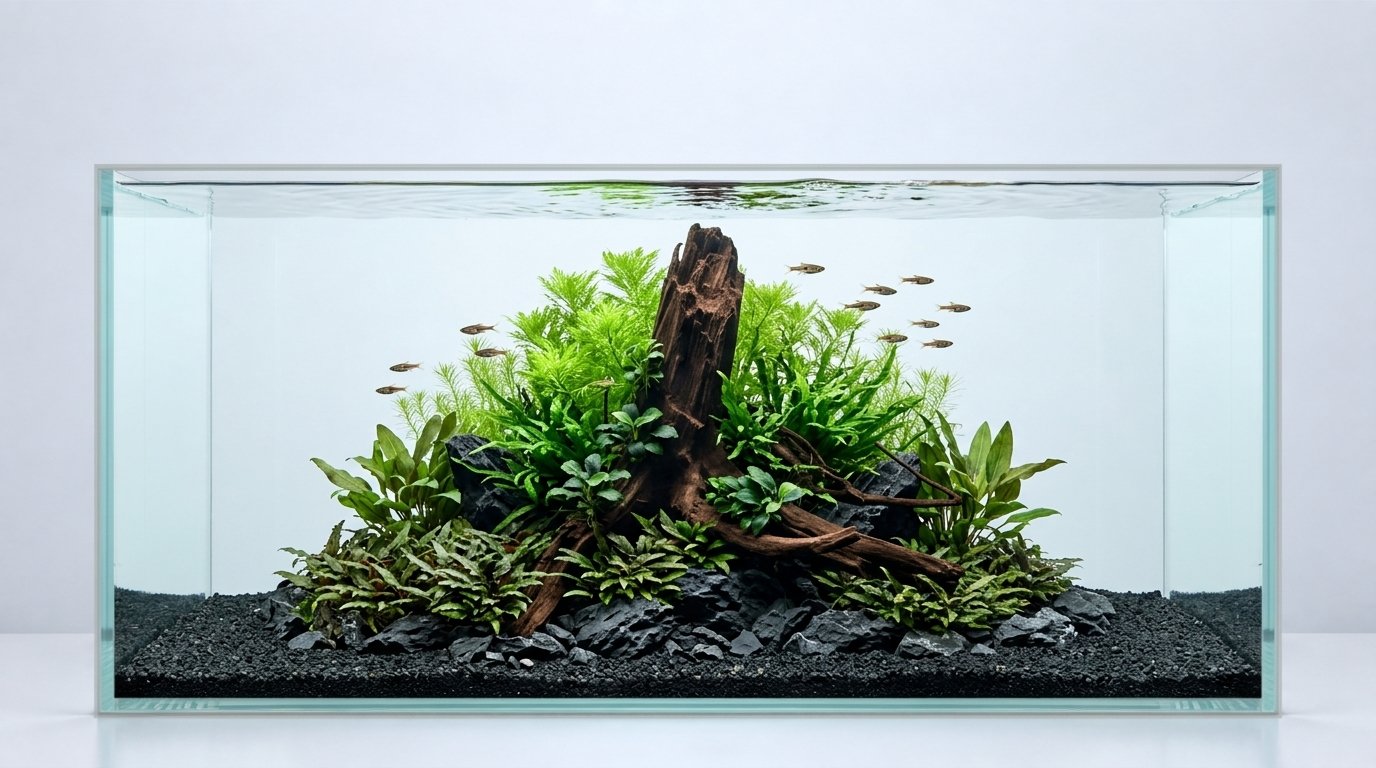 AI-inspiratie. Aquarium: 90 × 45 × 45 cm (breedte × diepte × hoogte). Wortels: P102620.