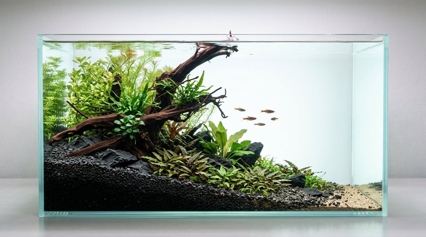AI-inspiration. Akvarium: 80 × 40 × 40 cm (bredd × djup × höjd). Rötter: P052620.