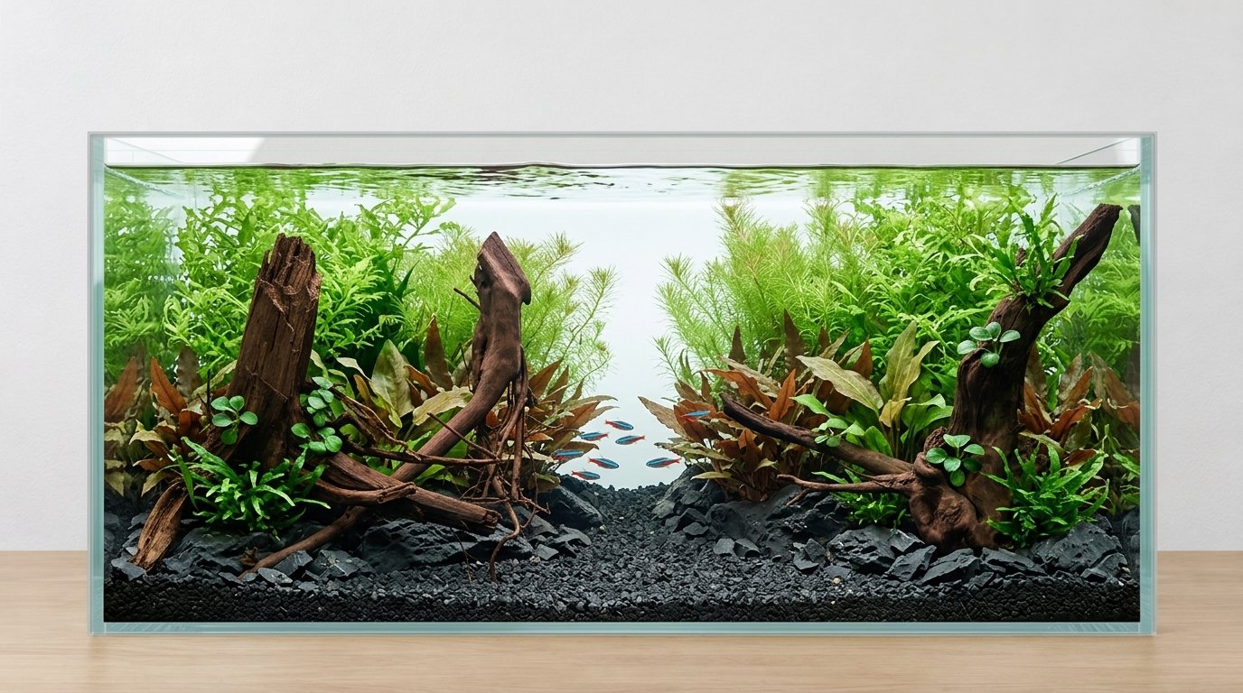 AI-inspiratie · Meerdere producten. Aquarium: 101 × 40 × 50 cm (breedte × diepte × hoogte). Wortels: P102620, P112620, P302623.