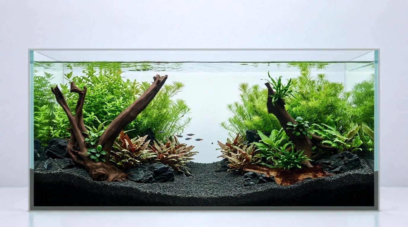 Tekoälyn luoma inspiraatio · Useita tuotteita. Akvaario: 90 × 45 × 45 cm (leveys × syvyys × korkeus). Juuret: 042638, P122621, P152623.