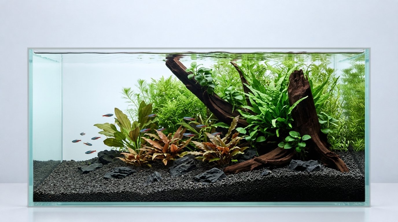 AI-inspiratie. Aquarium: 90 × 45 × 45 cm (breedte × diepte × hoogte). Wortels: P102620.